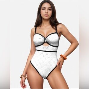 Anna Kaci Eyelet Lace One-Piece Swimsuit White Black Contrast Small NWOT